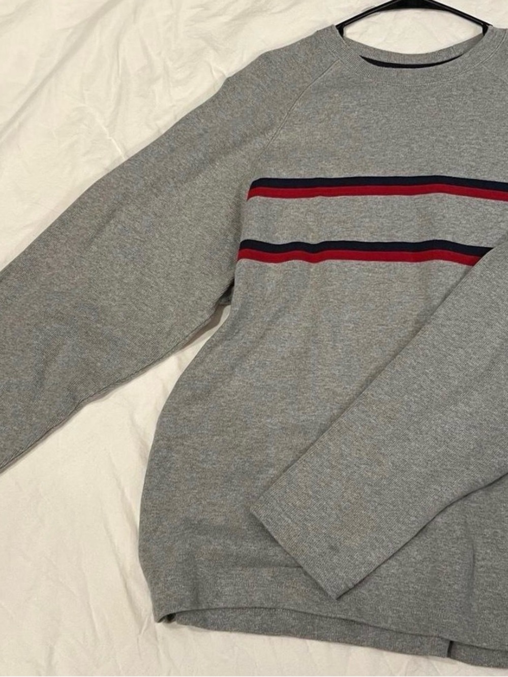 Old Navy Grey Crewneck Sweater with Red and Navy Stripes